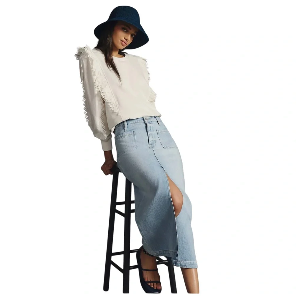 By Anthropologie White Ruffle Sleeve Top Sz M - Picture 3 of 13